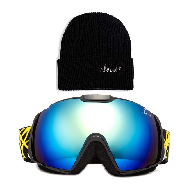 Cloud 9 Professional Adult Snow Goggles Wildcat Anti-Fog Dual Lens Wide Angle (Combo-Yellow Goggle & Black Beanie, Blue Revo)