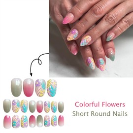 Extra Short Press on Nails Gradient Fake Nails with Flower Grass Colorful Designs 24 Pcs Natural Reusable Oval Acrylic Nail Full Cover Stick on Nail for Women WYFHDT