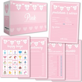 Party Hearty Baby Shower Games for Girl, 250 pcs Pink 5 Games Activities Cards, Funny Baby Shower Games, Baby Shower Ideas