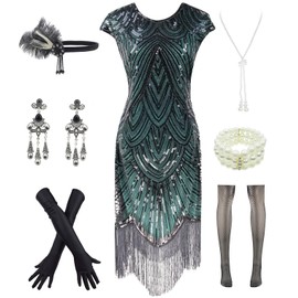 Letter Love Womens Vintage Lace Fringed Gatsby 1920s Cocktail Dress with 20s Accessories Set (Black Green, 4XL)