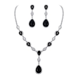 Clearine Wedding Bridal Cubic Zirconia Teardrop Y Necklace and Earrings Jewellery Set for Women Black Silver-Tone