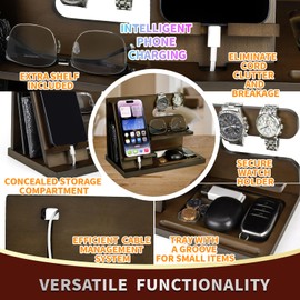 Wood Phone Docking Station - Nightstand Organizer for Cell Phone, Watch, Wallet - Birthday Gift for Men or Husband (Grey)