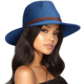 AQOKKA Summer Straw Fedora Hat for Women Men Travel Panama Hat with Wide Brim Roll Up Sun Hat for Beach Outdoor UPF 50+