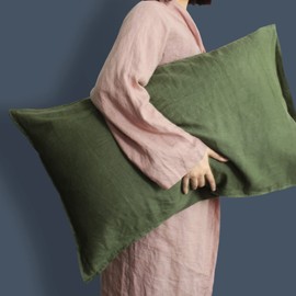 L Linen World Linen Pillow Cases 100% French Natural Linen Pillowcase Set of 2-Stone Washed Moisture-Absorbing Linen Pillow Shams King Size(20''x40''),Olive Green