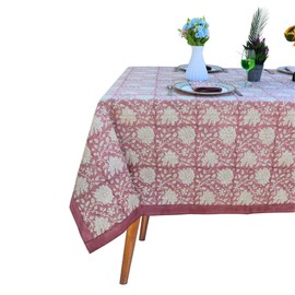 Handblock Print Cotton Tablecloth – 72x135 Rectangle Table Cover Seats 8-10 – Indian Block Printed Floral Dining Table Linen – Boho Washable Cloth for Kitchen, Party, Outdoor (Muted Pink)