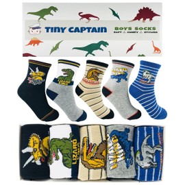 Tiny Captain Boy Dinosaur Socks 4-7 Year Old Boys Crew Cotton Sock Age 5 Gift (Medium, Green)
