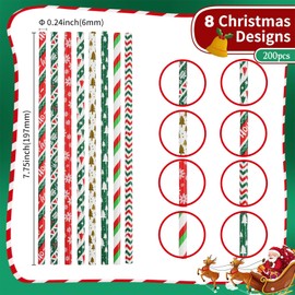 VITEVER 200 Christmas Paper Straws, 8 Styles with Christmas Tree, Snowflakes and Striped Motifs for Christmas Decorations and Gifts