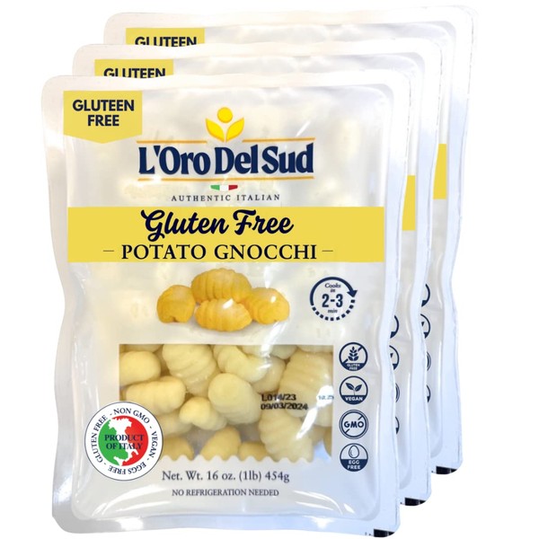 3 Pack, Gluten Free Potato Gnocchi, Cooks in 2-3 minutes, (3 x 1 lb), Italian Gnocchi, Product of Italy, NON GMO, Eggs Free, Vegan, by L'Oro Del Sud
