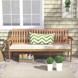 3-Seat Outdoor Wooden Bench Garden Home Slatted Seat Patio Bench W/ Seat Cushion