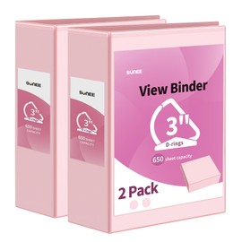 SUNEE 3 Ring Binder 3 Inch D Ring, Clear View Binder Three Ring PVC-Free (Fit 8.5x11 Inches) for School Binder or Office Binder Supplies, Pink Binder, 2 Pack
