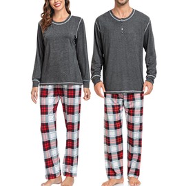 SWOMOG Women Matching Pajamas Set Christmas Pjs Long Sleeve Top & Plaid Bottom Soft Sleepwear Loungewear Deep Grey Small