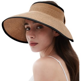 Women's Sun Visor Hats Wide Brim Straw Beach Hat Ponytail Hats for Women Foldable Floppy