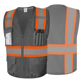 Besentinels Grey Mesh Safety Vest with 9 Pockets and Zipper, Class 2 High Visibility Reflective Vest for Men Women, Durable for Construction,Surveyors, Grey Small