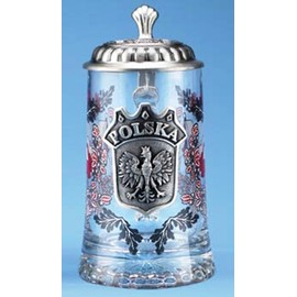 Polska Glass Beer Stein with Pewter Lid and Pewter Medallion by M. Cornell