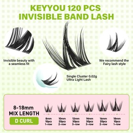 KEYYOU Fairy Chispa Lash Clusters Eyelash Extension D Curl 120Pcs Eyelash Extension Wispy Natural Invisible Band Lash with Waterproof DIY Lash at Home(Fairy Chispa-D-8-18MIX)