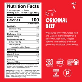 Chomps Grass-Fed and Finished Original Beef Jerky Snack Sticks 10-Pack - Keto, Paleo, Whole30, 10g Lean Meat Protein, Gluten-Free, Zero Sugar Food, Non-GMO