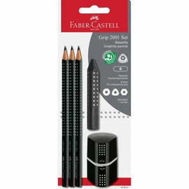 FABER-CASTELL 580024 Grip 2001 Pencil Set 5-Piece with 3 Pencils, Eraser and Sharpener, Black