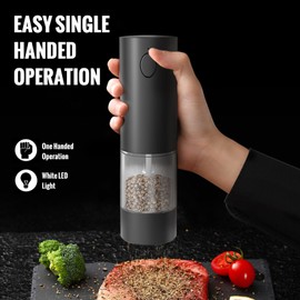 Rulsinbol Electric salt and pepper grinder set, Rechargeable salt and pepper grinder set, white LED Light, One-Handed operation, Adjustable Coarseness, Acrylic base, refillable 95ml,Black (2 pack)