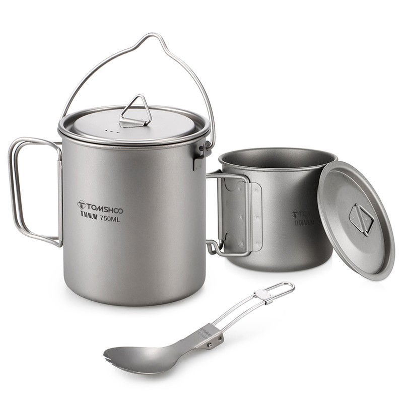 TOMSHOO Lightweight Titanium 3 Pieces Set Titanium 750ml Pot 350ml