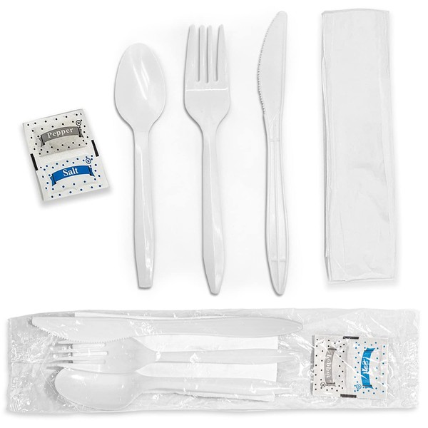 Individually Wrapped Plastic Cutlery Set with Napkin + Salt & Pepper Packets in White (50 Count) Prewrapped Disposable Silverware Bags, Bulk Utensils: Fork, Knife, and Spoon for Togo Eating