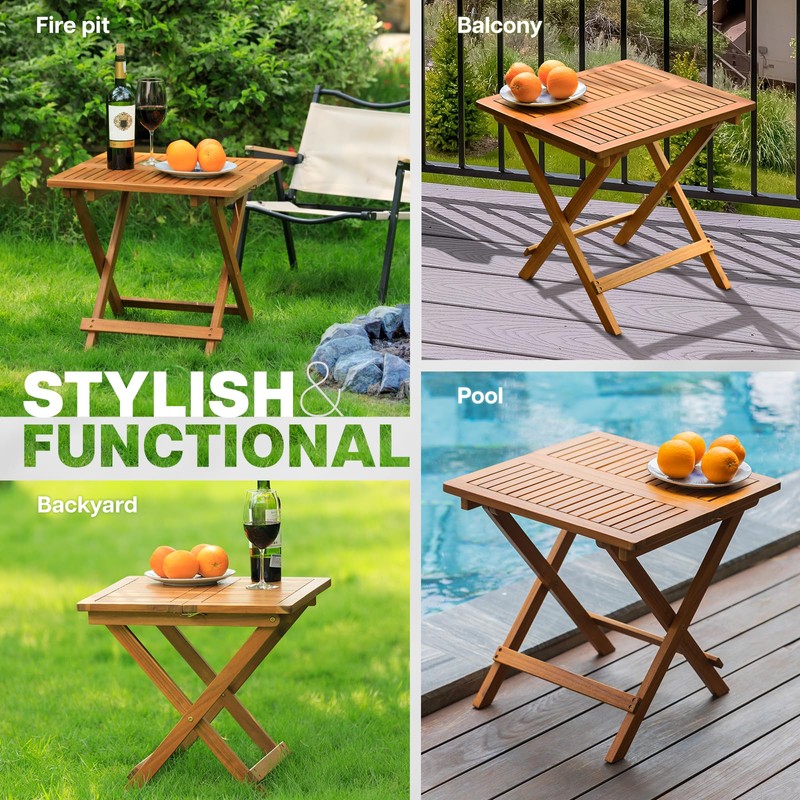 Idzo Mira Acacia Wood Folding Bistro Side Table Outdoor, 19.5