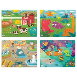 Chuckle & Roar Tray Puzzles 4 Pack Farm, Dinosaurs, Jungle, and Zoo 12 & 24 PC Edition