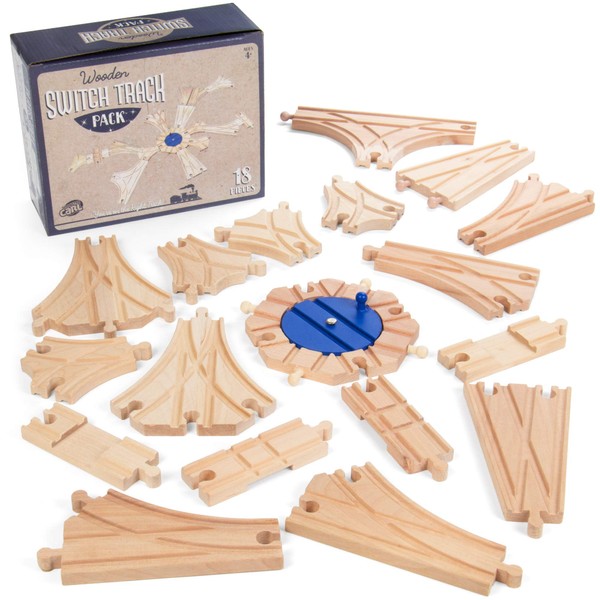 Switch Track Wooden Train Set (18 pcs.) - 8 Way Turntable Rail Station Accessory, Curved Switch Tracks, Basic and Advanced Pieces - Expansion Compatible with All Major Classic Toy Train Hobby Brands