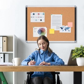 Board2by Cork Board Bulletin Board 24" x 18", Black/Sliver Aluminium Framed Corkboard, Office Board for Wall Decor, Large Wall Mounted Notice Pin Board with 18 Push Pins for School, Home & Office