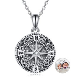 Compass Locket Necklace That Holds Pictures 925 Sterling Silver Celtic Knot Compass Necklace Graduation Gift Jewelry Gifts for Women Men, Sterling Silver, Cubic Zirconia