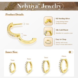 Nelytiya 4 Pairs 18k Gold Plated Hoop Earrings Set For Women Hypoallergenic Small Huggie Earring Cartilage Sleeper Earring With 5A Cubic Zirconia 7/8/9/10mm