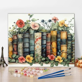 TISHIRON Paint by Numbers Adult Vintage Books with Flowers Plants DIY Art Set Canvas Acrylic Paints Brush Retro Style Living Room Decoration 40 x 50 cm