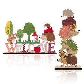 BSITSSS 2PCS Wooden Thanksgiving Sign, Hedgehog Squirrel Wooden Fall Signs Thanksgiving Table Centerpieces, Vibrant Colours Fall Festival Decor Harvest Party Decorations for Autumn Thanksgiving Party