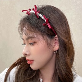 Inateannal 2 Pieces Bow Pearl Headbands for Wedding Bridal Cute Imitation Pearls Hoop Hair Band Non-Slip Styling Headband Hair Accessories for Women and Girls