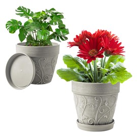 Plant Pots Indoor with Drainage & Saucer, 2Pack 7/8 inch Flower Pots Outdoor Planters for Indoor Plants Garden Home Decor Cactus Succulent, Strong Resin Imitation Terracotta, Vine Pattern Embossed