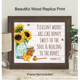 Proverbs Bible Verses Wall Decor - Bee Wall Decor - Inspirational Christian Sayings Decor - Honey Bee Decor - Religious Gifts for Women - Sunflower Wall Art - Country Farmhouse Spiritual Scripture