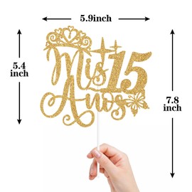 Mis Quince - Decoración para tartas de Mis Años 15, Feliz 15 Años, Hello 15, Decoraciones para fiestas de cumpleaños 15 - Brillo dorado