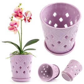 Whispering Winds Ceramic 5 x 6 Inch Orchid Pot with Holes & Saucer for Aeration and Drainage - Decorative Orchid Pots for Repotting, Prevent Over Watering & Root Rot (Lilac)