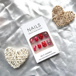 Short Square Press on Nails Valentine’ s Day Fake Nails Pink Red False Nails with Designs Full Cover Glue on Nails Cute Cat Flower Cherry Hearts Acrylic Nails Glossy Stick on Nails for Women 24Pcs