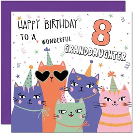 8th Granddaughter Birthday Card - Childrens Cute Cat Grandaughters Birthday Card for 8 Year old Kids eight, eighth