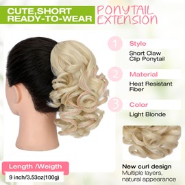 Fanguilar Ponytail Extension, 9" Short Claw Clip Ponytail Extension Curly Wavy Jaw Clip on Pony Tails Hair Extension Synthetic Hairpiece for Women, Light Blonde
