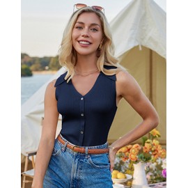 GRACE KARIN Women's V-Neck Sleeveless Knit Vest Button Front Sweater Tops Lightweight Ribbed Top for Work Casual Layering Dark Blue M