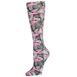 Celeste Stein Therapeutic Graduated Compression Socks, Black and Pink Michelle's Ribbons, 8-15 mmHg Queen Plus Calf