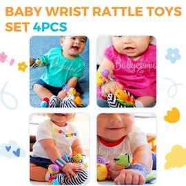 Baby Wrist Rattle Foot Finder Socks 4Pcs,Newborn Sensory Learning Toys for 0-3-6-12 Months, JOMWEN Cartoon Animal Rattles Tummy Time Toy Gift for Baby Boy Girl, Hand Bracelet Rattle Foot Socks-Bees