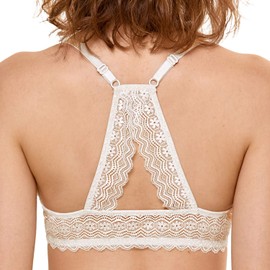 DOBREVA Women's Push Up Bra Racerback Front Closure Bras Plunge Underwire Tshirt Padded Lace Ivory 34D