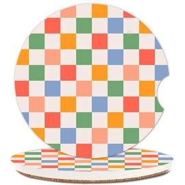 Ceramic Cup Holders Car Coasters for Women/Men,Fashion Absorbent Drink Cup Car Holder Coasters with A Finger Notch 2.56" Pack of 2,Retro Checkered Colorful