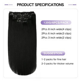 Sindra Clip-In Real Hair Extensions, Human Hair, Black, 55 cm, 6 Pieces, 120 g, Natural Hair Extensions, Straight, C#1, 22 Inches
