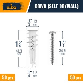 ALBO #8-100 pcs Self Drilling Drywall Anchor Set Hollow Wall with Screws (White Anchor 50pcs + Screws 50pcs) Plastic Hollow Wall Anchors with Screws Drywall Anchors