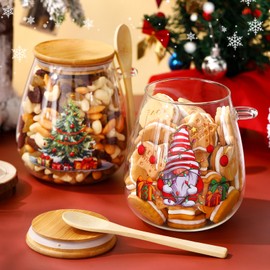 Pickmesh 2 Sets 34 oz Christmas Glass Storage Jars with Airtight Bamboo Lid and Spoon Christmas Decorative Container Christmas Canister for Kitchen Countertop Decoration Cookies Snacks Candy(Gnome)