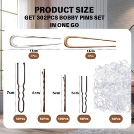 302pcs Bobby Pins Set, 100 Brown Bobby Hair Grips 100 U ShapedPins 100 HairBands with 2 Metal French Hair Pins, U-Shaped French Pins for Buns with Storage Box, Brown Hair Styling Accessories