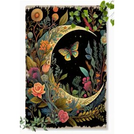 Unbranded Metal Art, Crescent Moon, Flowers & Butterfly Metal Wall Art - 8x12 Inch Vintage